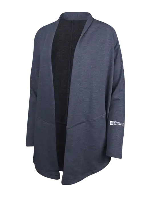 Estate Blue Heather/Charcoal Heather Womens Interlock Cardigan w/Mortgage Exchange Logo