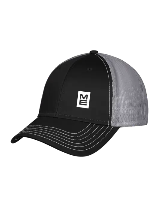 Black/Medium Dark Grey Mesh Trucker Cap Snap Back w/ME Stacked Logo