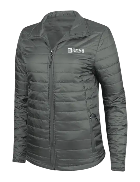 Dark Grey Womens Puffy Packable Jacket w/Mortgage Exchange Logo