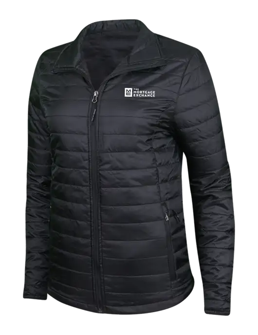 Womens Black Puffy Packable Jacket w/Mortgage Exchange Logo
