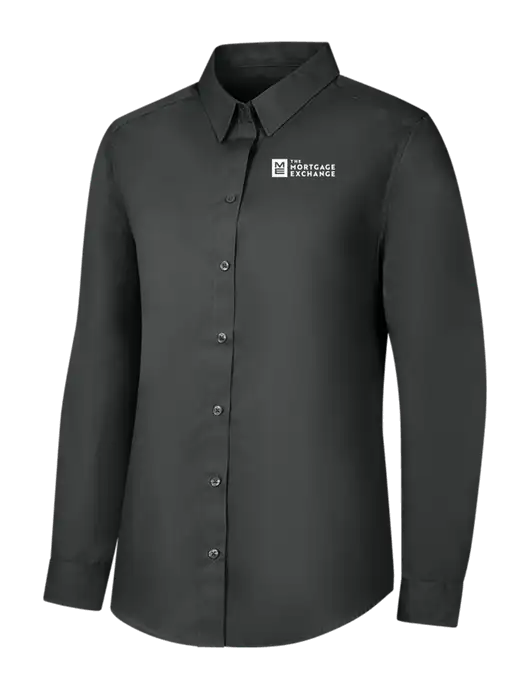 Womens Dark Grey Long Sleeve Carefree Poplin Shirt w/Mortgage Exchange Logo